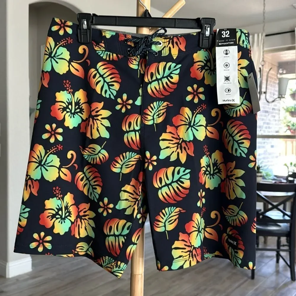 NWT Hurley Board Shorts Swim Phantom Quick Dry 4 Way Stretch Tropical Black 32